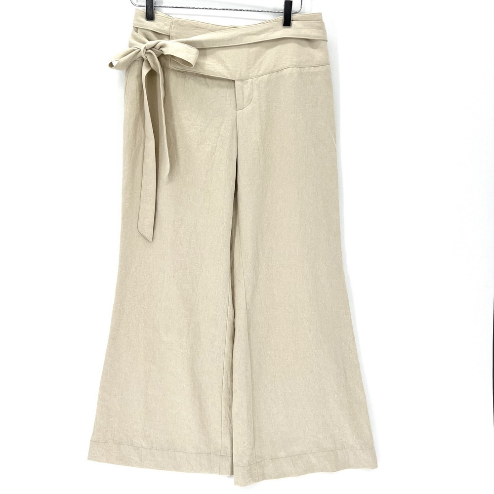 Georgie Linen Blend Pants Size 6 Wide Leg Tie Waist Beige Beachy Made in USA